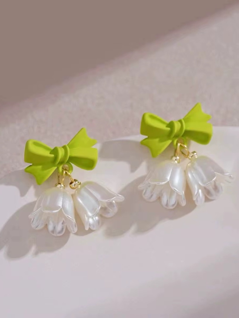 Lime Bow Drop Earrings with Pearl Petal Charms